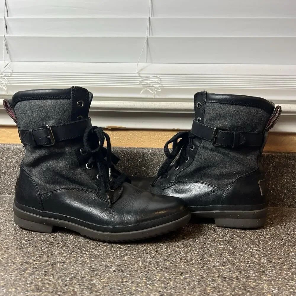 UGG Women 7 Black Leather Combat Comfort Casual Boots Lace Up Mid Calf Lace Up